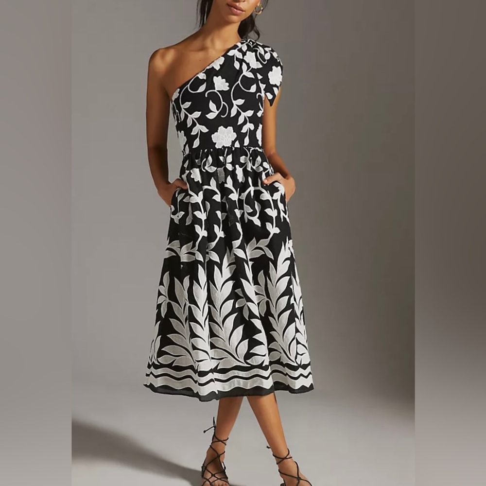 NWT Anthropologie Floral One-Shoulder Midi Dress Black and White Size 14